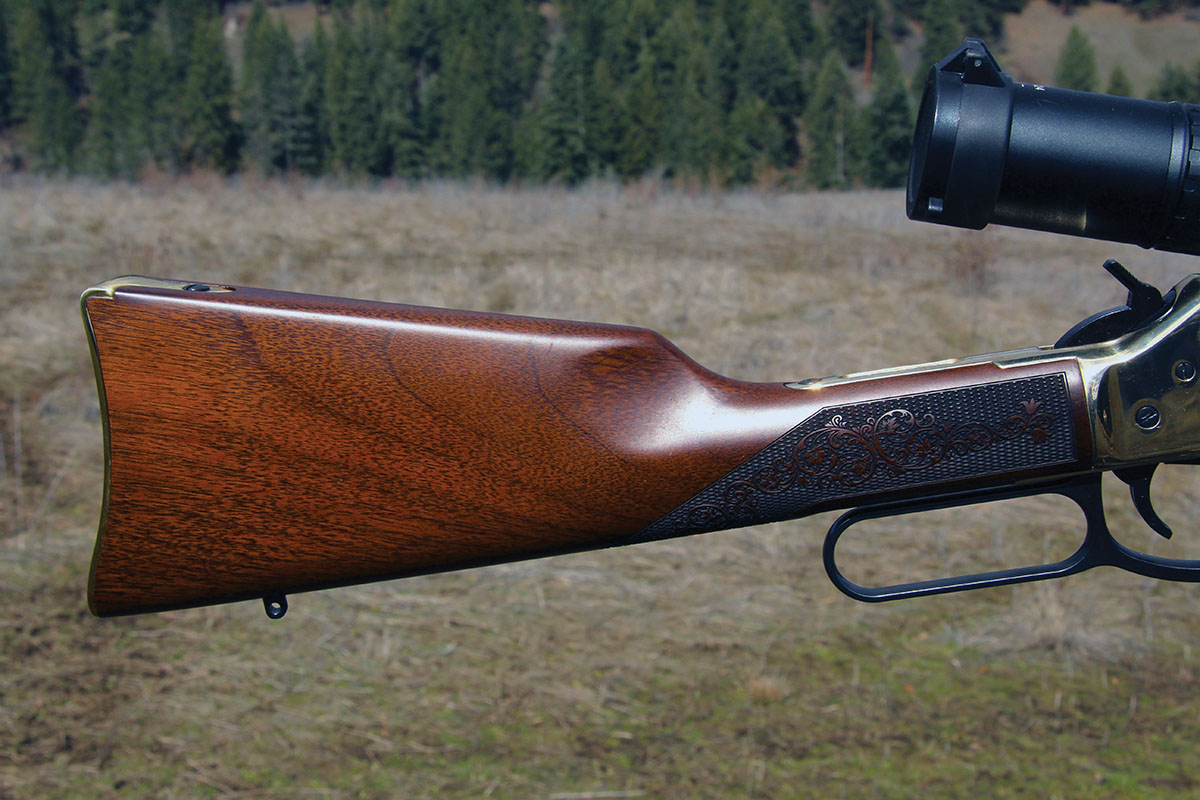 The wrist of the Henry Side Gate Lever Action Rifle is slender and quite comfortable for fast handling, while the raised cheekpiece aligned the eye perfectly behind the Skinner Optics’ 1-6x 24mm scope.